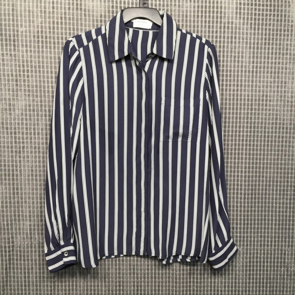 FRAME‎ Silk Charmeuse Striped Button Down Shirt Navy Womens S